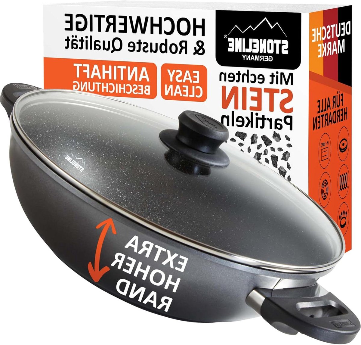Wokpan met Deksel Kookpan Koekenpan Aziatisch Koken Echte Steen Deeltjes 32 cm Grijs