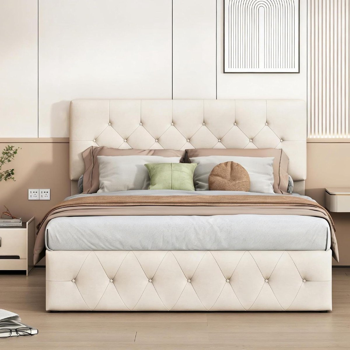 Tweepersoonsbed met Opbergruimte - Bedframe met Hydraulische Lift - Ruimte Besparen - Verstelbaar Hoofdeinde - 160 x 200 cm - Abrikoos