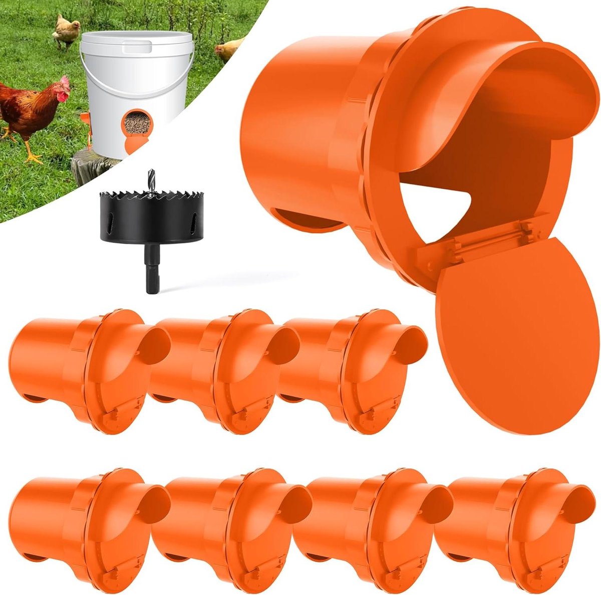Kippenvoederpoorten - Pluimvee voerbak - Automatisch voeren - Geen voerverspilling - 8 stuks - Oranje