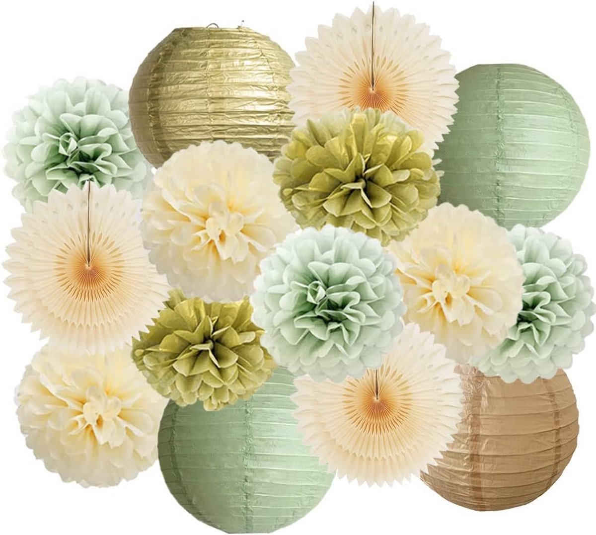 Saliegroen en goud feestdecoraties babyshower, boho, saliegroen, champagne, goud, verjaardagsdecoraties, beige papieren fans, pompoms, lantaarns, kit voor bruiloft, bruidsdouche, verloving