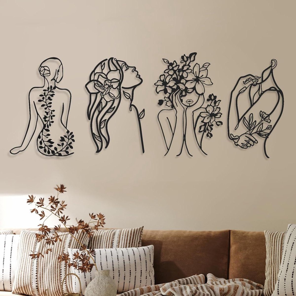 Metalen Wanddecoratie - Dames Silhouet - Huis Verfraaien - Minimalistisch Design - 4 Stuks - Zwart