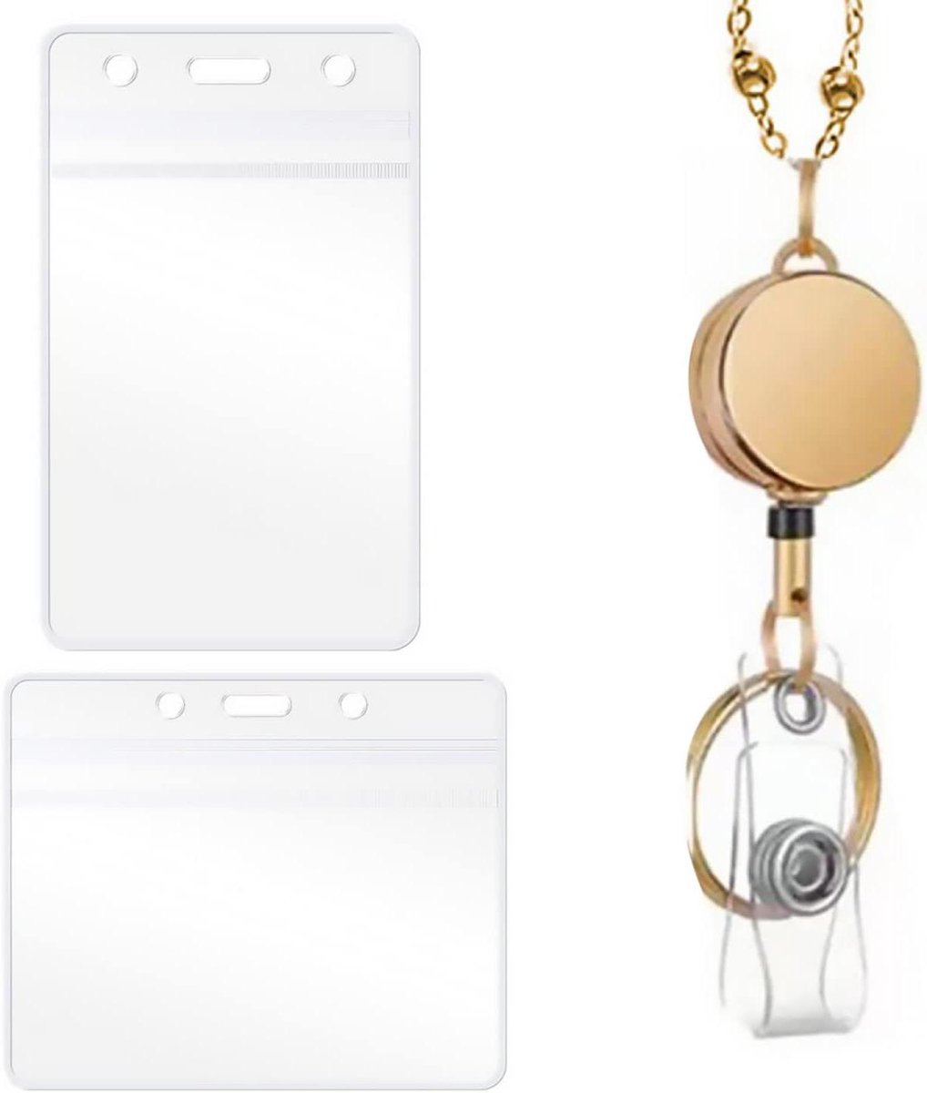 Badgehouder met Clip - ID Kaarthouder Lanyard - Identificatie Tonen - Intrekbare Reel - 100 x 80 mm - Goud