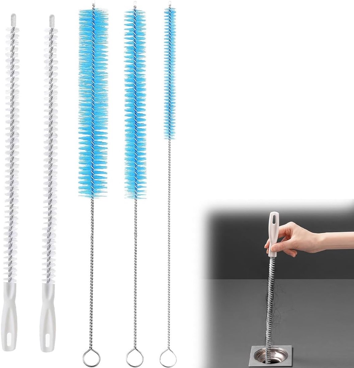 5-delige afvoerreinigingsborstelset met 2 afvoerborstels (45 cm) en 3 verschillende hydraulische borstels, kleine flexibele staaf voor afvoerreiniging, herbruikbaar