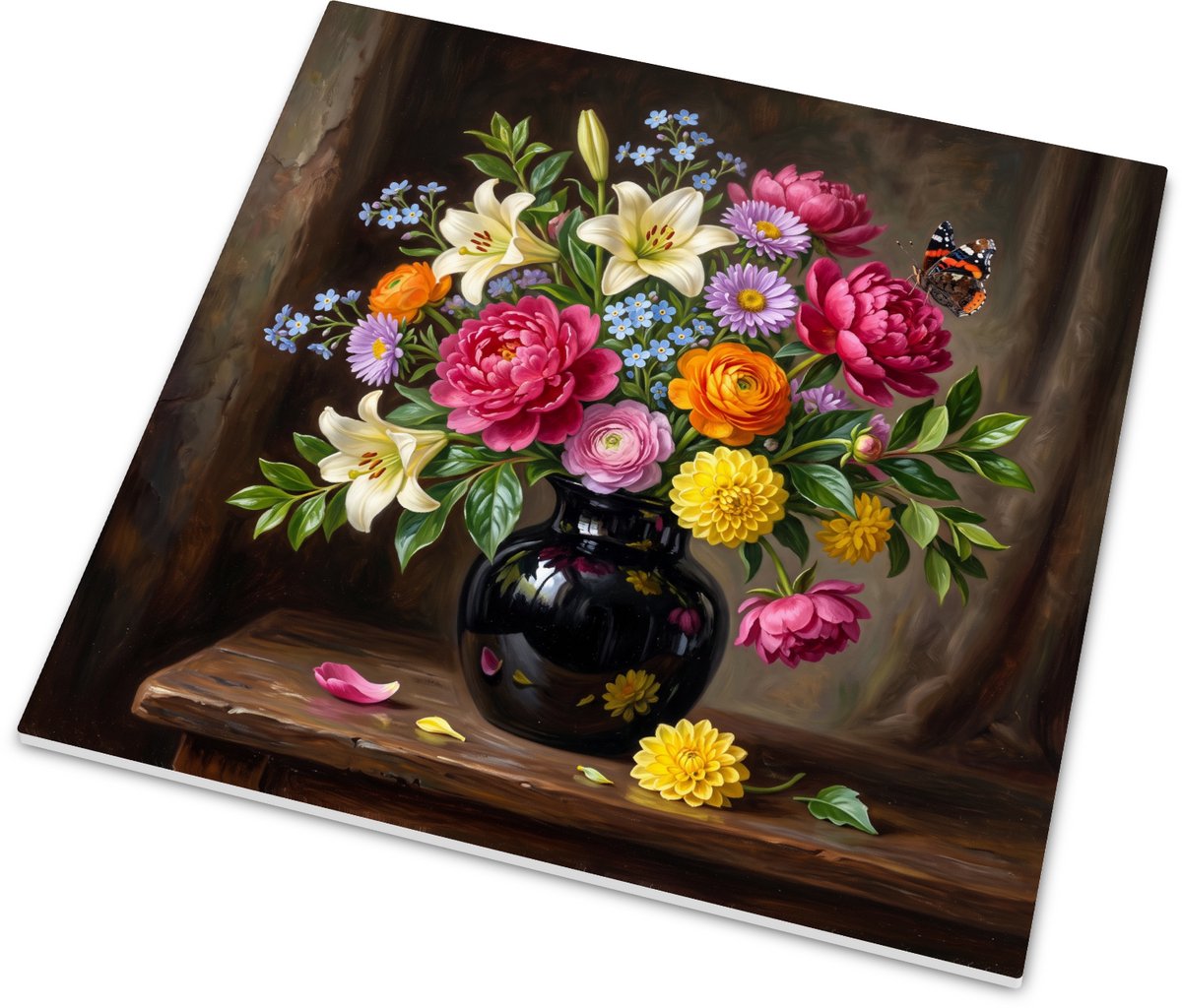 Glanzend tegeltje met bloemen stilleven Kleurrijk boeket met roze pioenrozen, witte lelies