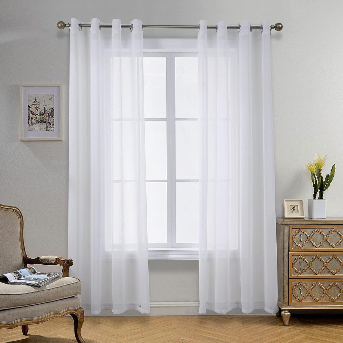 Transparante gordijnen met ringen, voor woonkamer en slaapkamer, 210 x 140 cm (h x b), 2-delige set, wit, effen, onderhoudsvriendelijk, linnenlook, wit