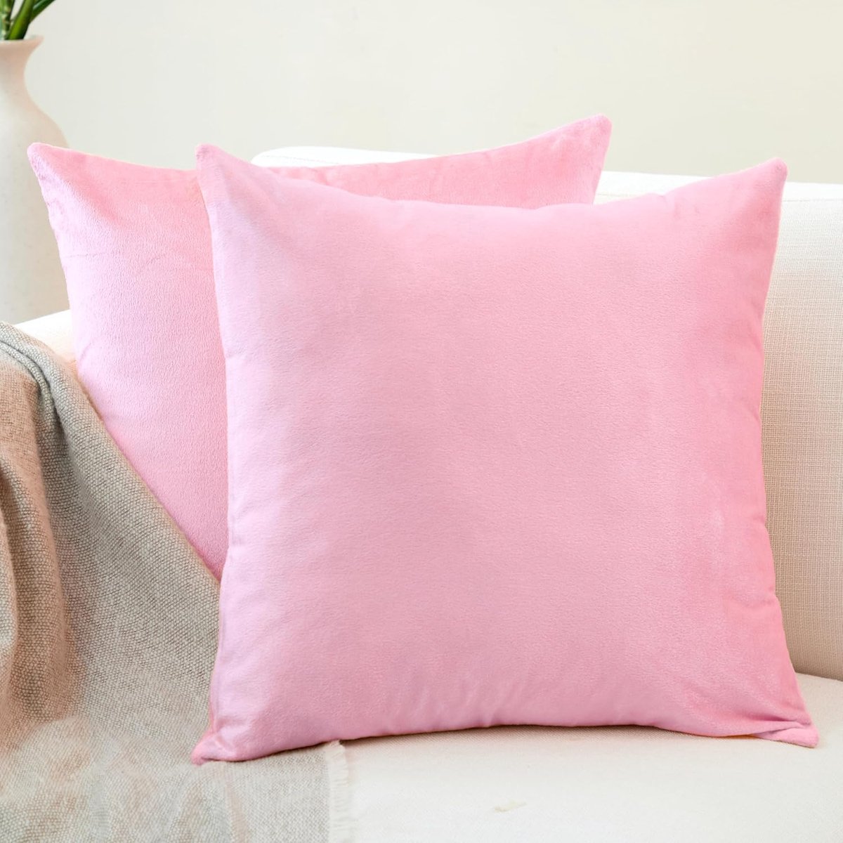 XO Set van 2 schokabsorberende fluwelen hoezen (45 x 45 cm), lichtroze, eenvoudig, duurzaam, zacht en glad, wasbaar, grote vierkanten, decoratief, kussenhoes voor bank, bank