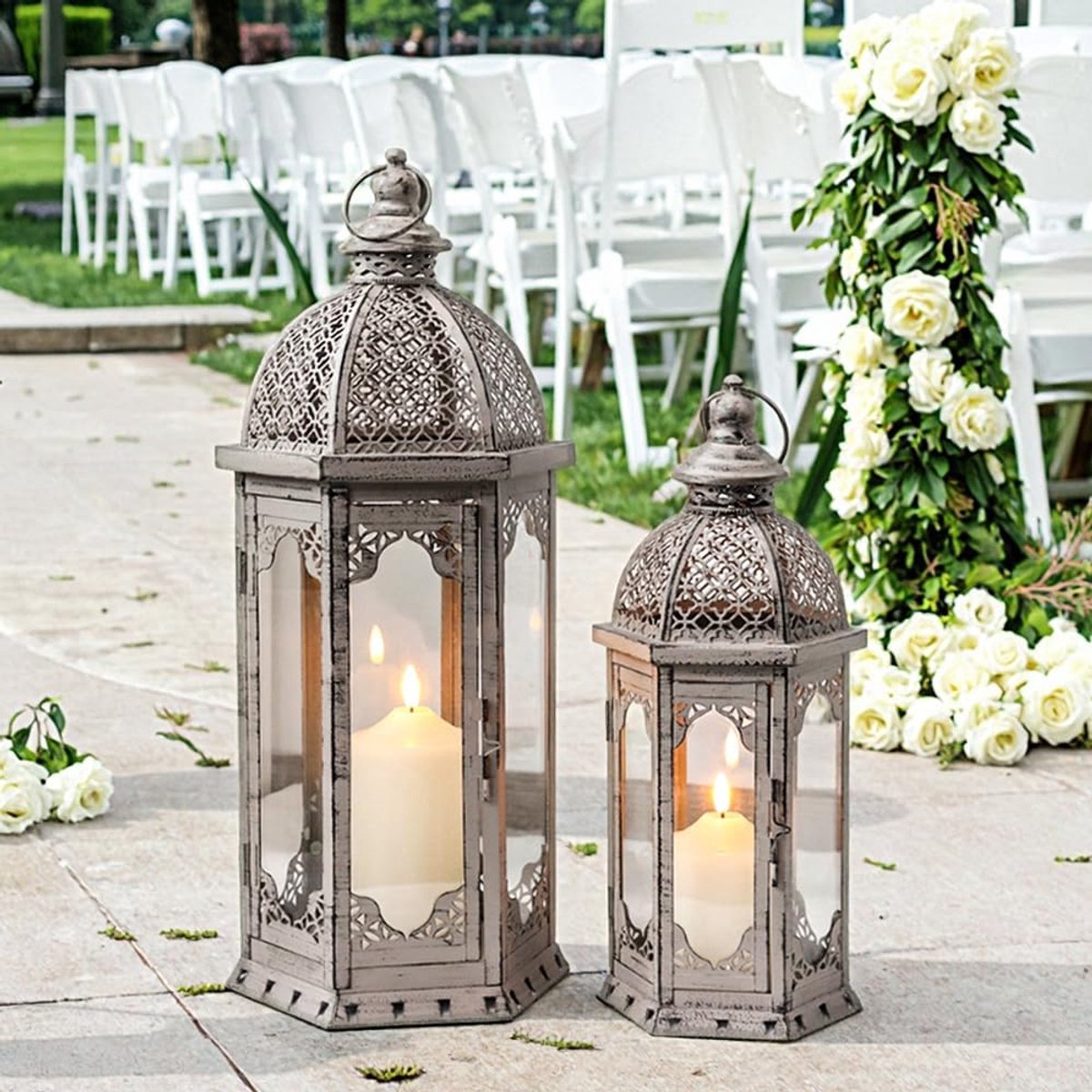 Decoratieve kaarslantaarns 55,9 cm & 43,2 cm H vintage metalen kandelaar voor tuin binnen buiten feesten bruiloften patio woondecoratie (grijs met zwarte borstel)
