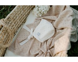 Deken en muts van merinowol - Bloemen - Beige 3-6 maanden - 75x95 cm