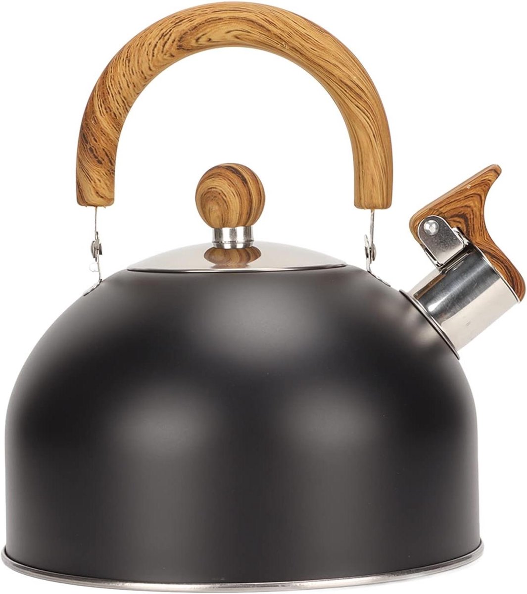 Waterkoker met Fluitje - Theeketel Roestvrijstaal - Koffie en Thee Zetten - Ergonomisch Houten Handvat - 25 Liter - Zilverkleurig