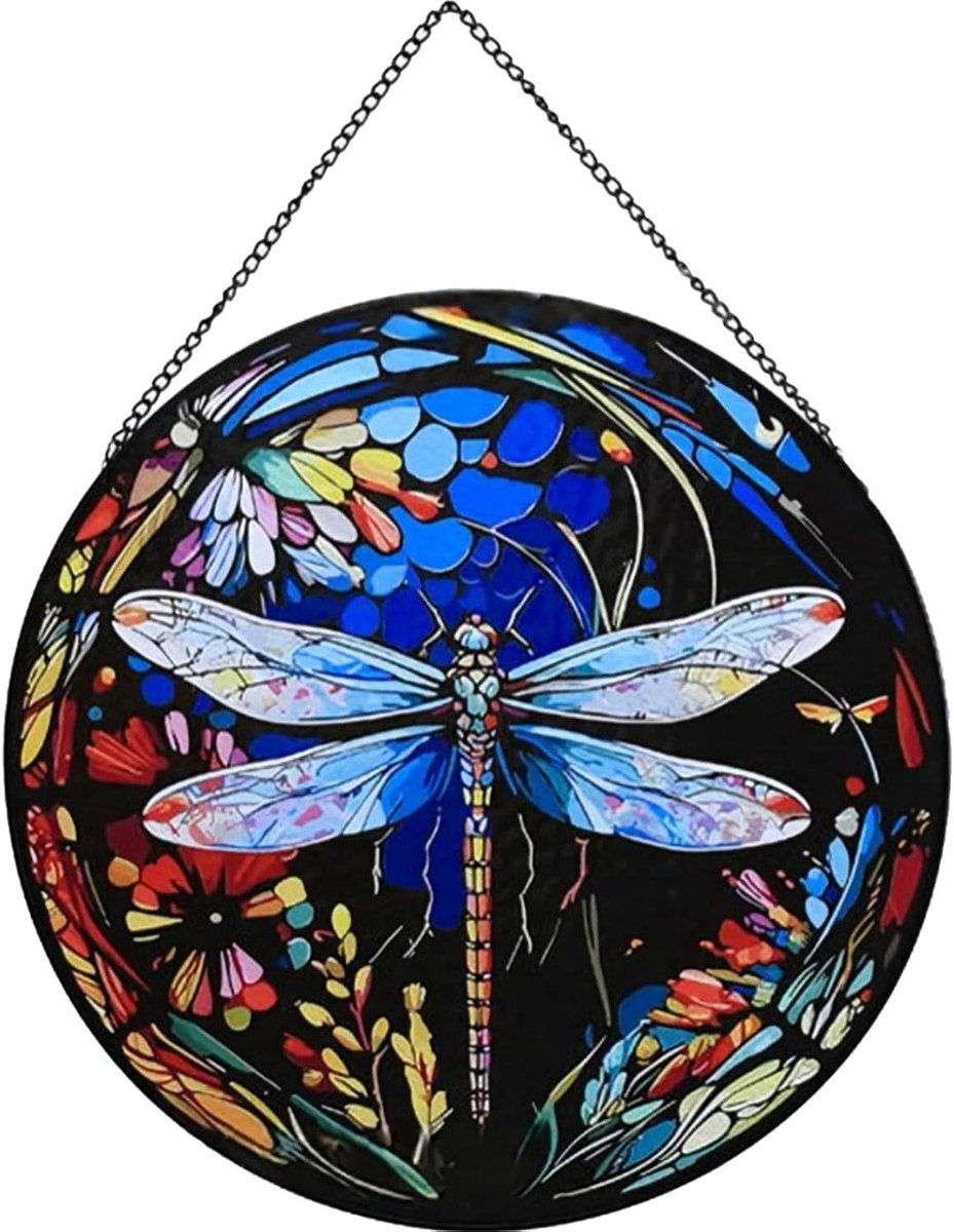 Glas in Lood Libelle - Hangend Ornament Raamdecoratie - Tuin Decoratie - Gedetailleerd Ontwerp - 25 cm - Kleurrijk