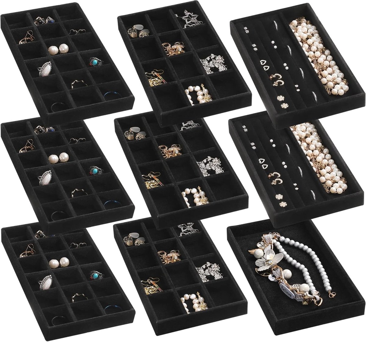 Sieraden Organizer Tray, Stapelbare Fluwelen Sieraden Trays, Lade Inserts Earring Organizer Voor Vrouwen Meisjes Sieraden Opslag Display Case voor Ringen Stud Kettingen, Set van 9 (zwart)