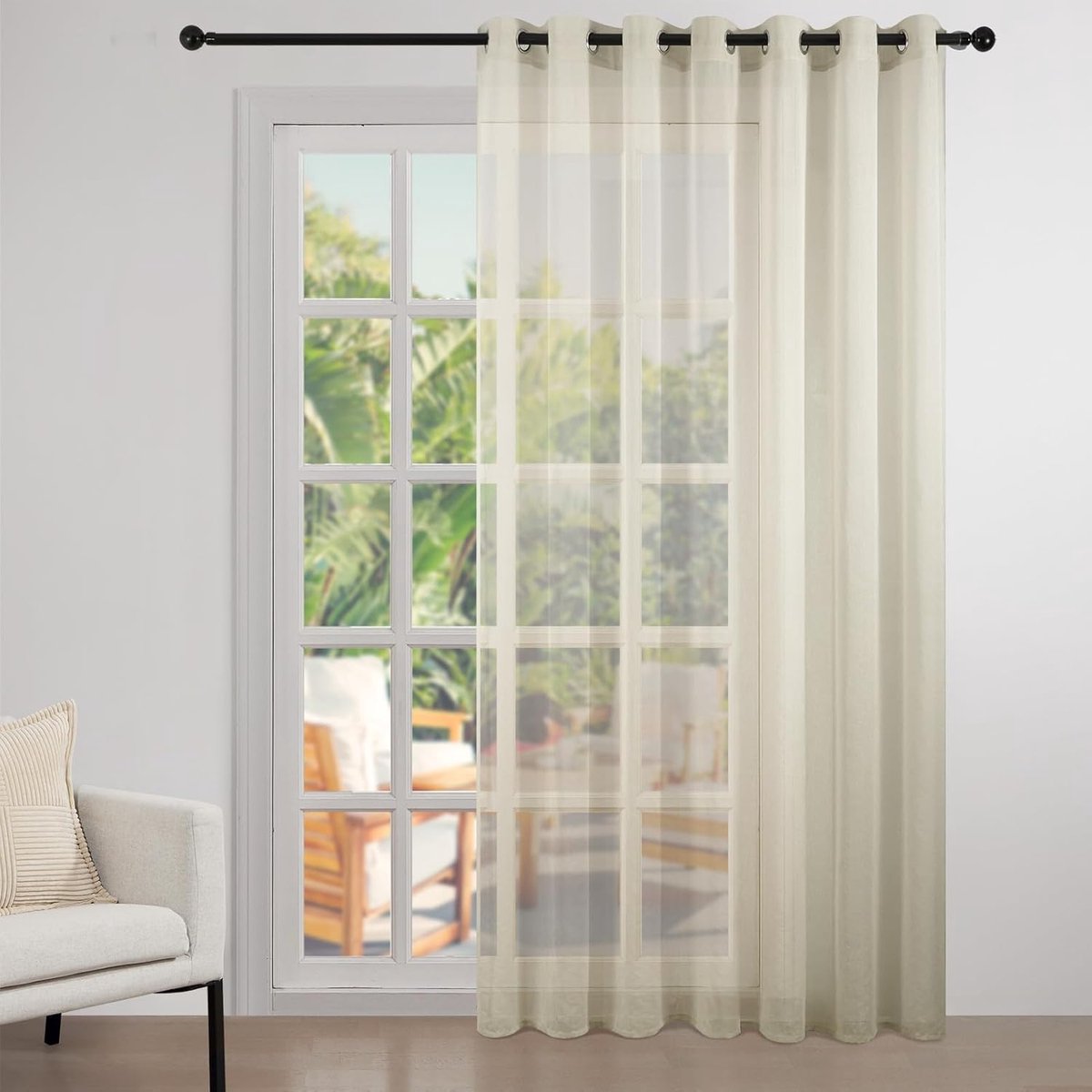 Gordijnen met oogjes, half-transparant, modern gordijn, woonkamer, linnenlook, gordijnen kinderkamer, voile gordijn, set van 1, 240 x 300 cm (h x b), beige