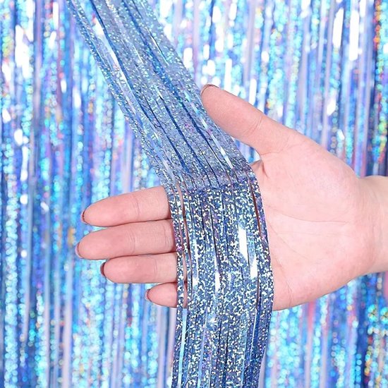 3 stuks 3 x 1 ft metallic klatergoud gordijnen folie franje glinsterende streamers gordijn deur raam decoratie voor feestbenodigdheden - laser lichtblauw — afbeelding 2