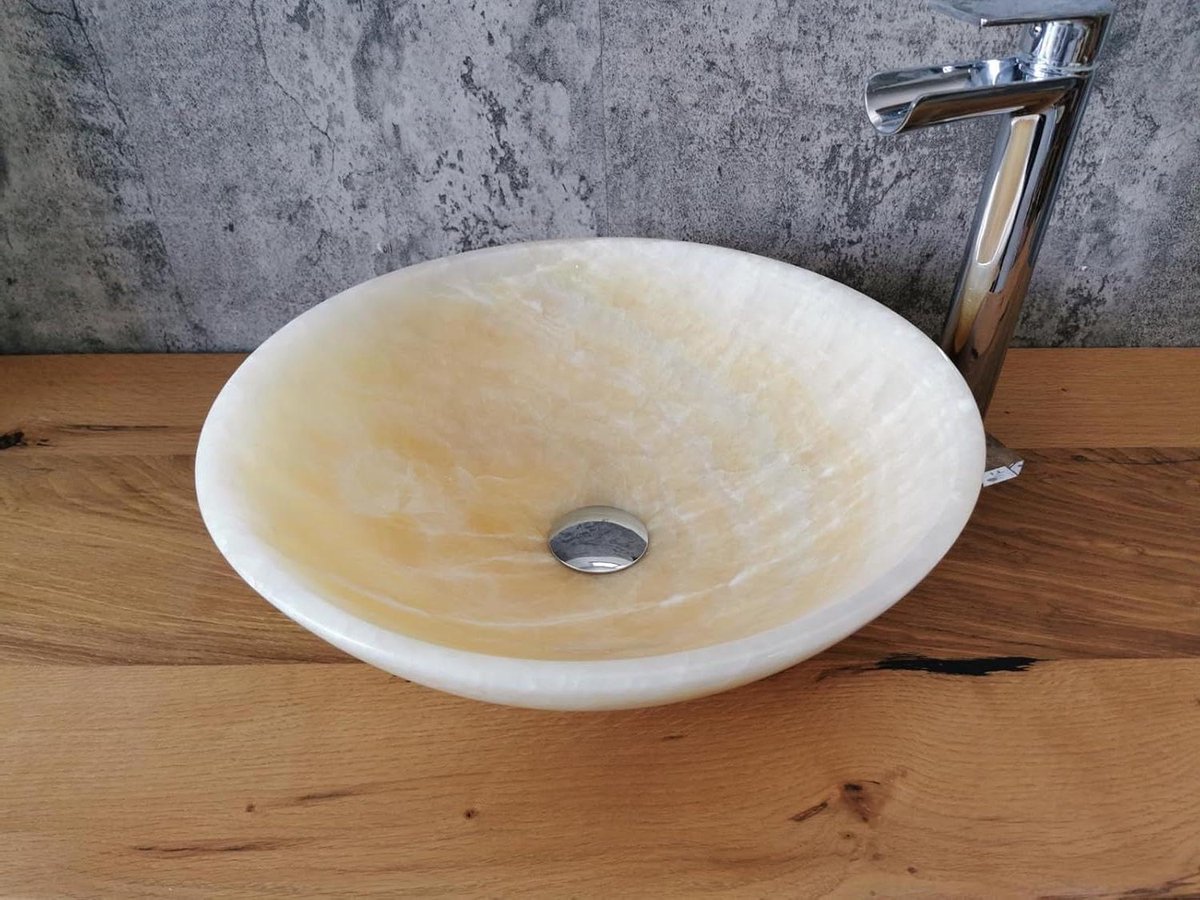 Wastafel marmer onyx - Opzet spoelbak - Badkamer inrichten - Uit één blok - 43 cm diameter - Wit