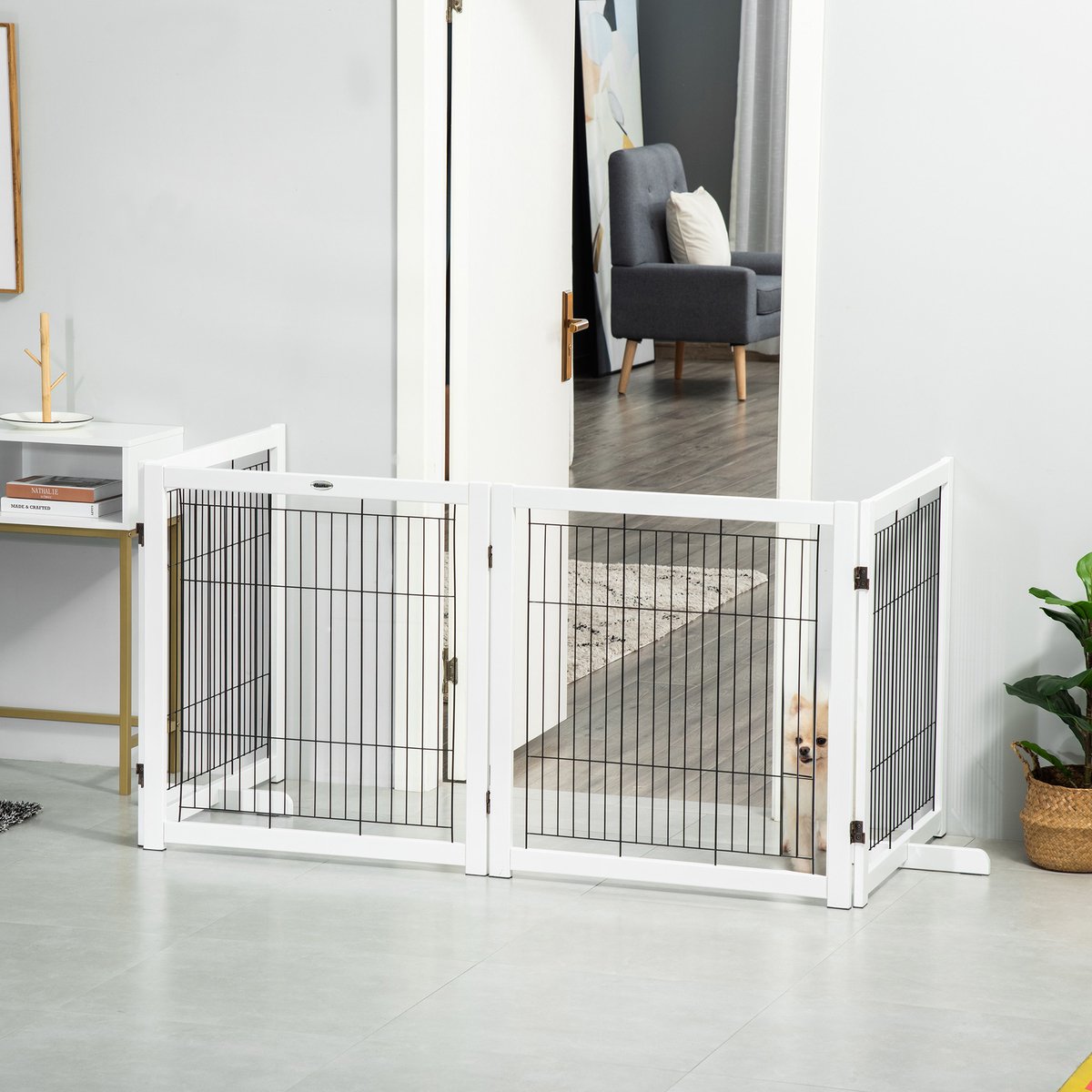 MIVRAY Hondenhek – Opvouwbaar 4 Panelen – 305 x 35,5 x 82 cm – Hout En Staal – Wit – Voor Deuropeningen, Entree En Trap