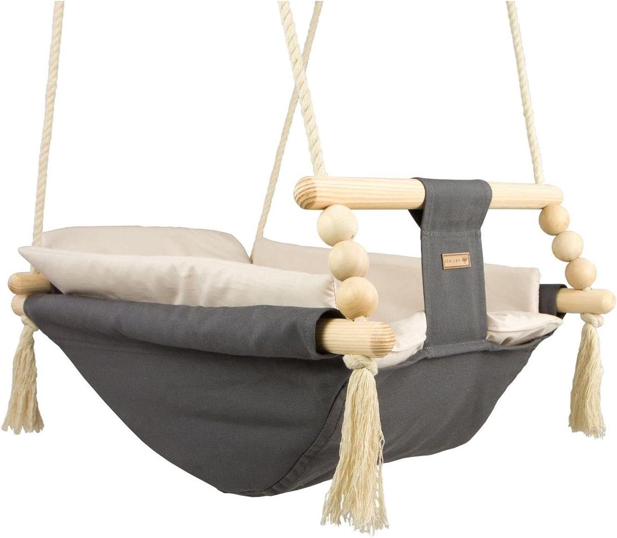 Babyschommel Hangmat - Schommelhangmat Baby - Ontspannen Baby - Met Houten Ballen - Max 20 kg - Grijs Beige