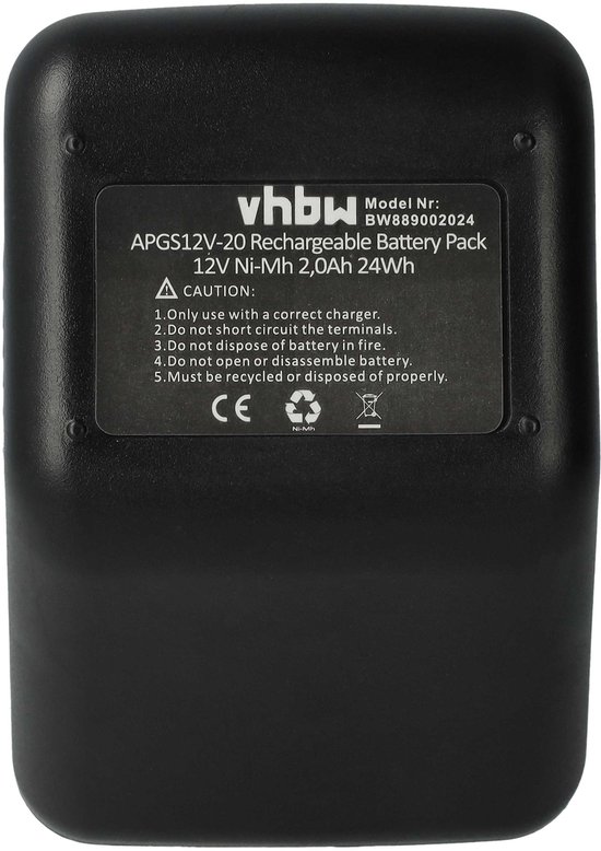 Zwarte NiMH accu met een etiket waarop 'vhbw APGS12V-20 Rechargeable Battery Pack 12V Ni-MH 2,0Ah 24Wh' staat.