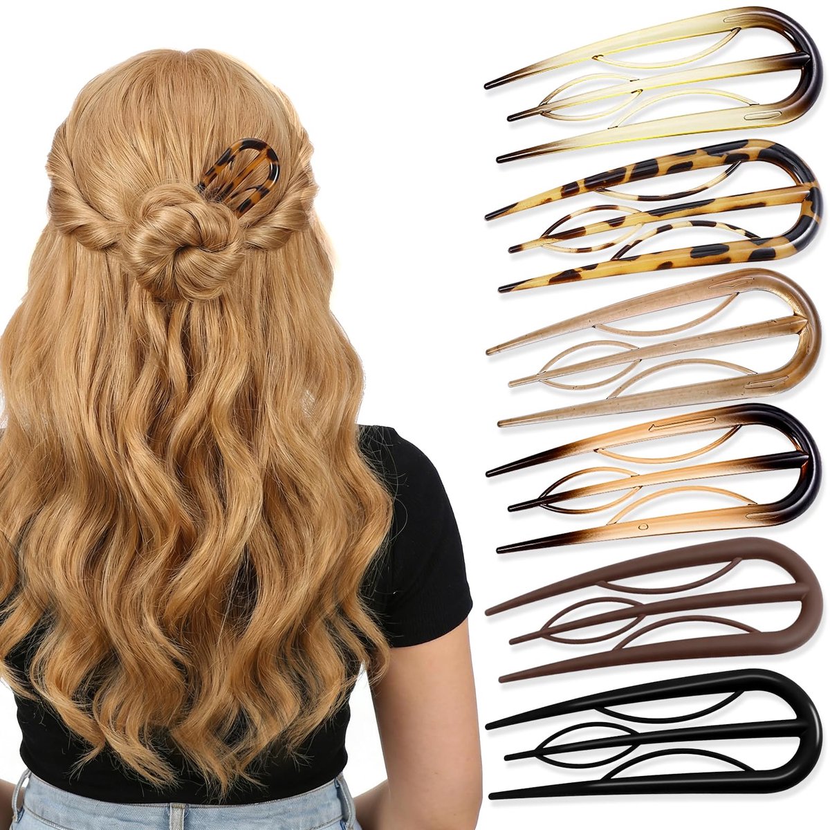 6 U-vormige haarspelden voor dames, schildpad-look met 3 interne tanden, grote U-vormige haarvork, sterke grip voor dik en dun haar, knotkapsels, draaiingen en opgestoken kapsels