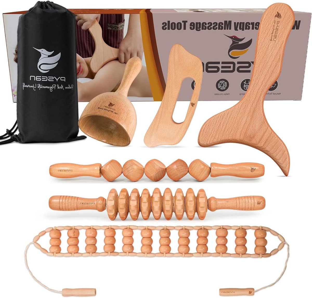 6-delige Houtmassage Set - Lichaamsvormer Tools - Spierontspanning Lichaam - Pure Natuurhout - 40 cm Lengte - Houtkleur