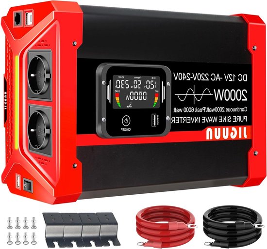 Zuivere Sinus Omvormer - Stroomomvormer 12V 230V - Stroomvoorziening Onderweg - Afneembaar LCD Display - 2000W Continu - Zwart