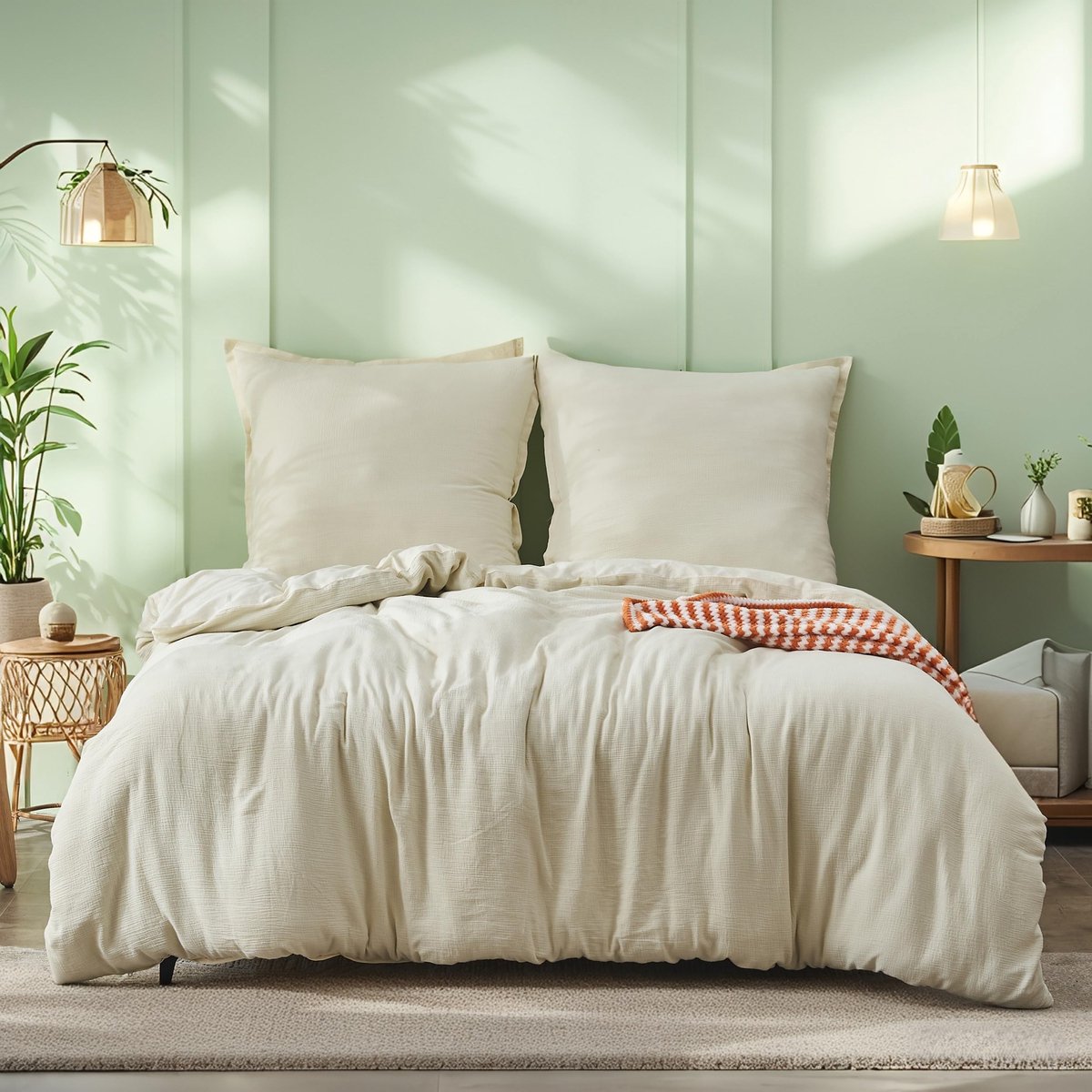 katoenen mousseline bedlinnen, extra zachte en ademende bedlinnenset, OEKO-TEX dekbedovertrek met ritssluiting, 135 * 200cm, Beige