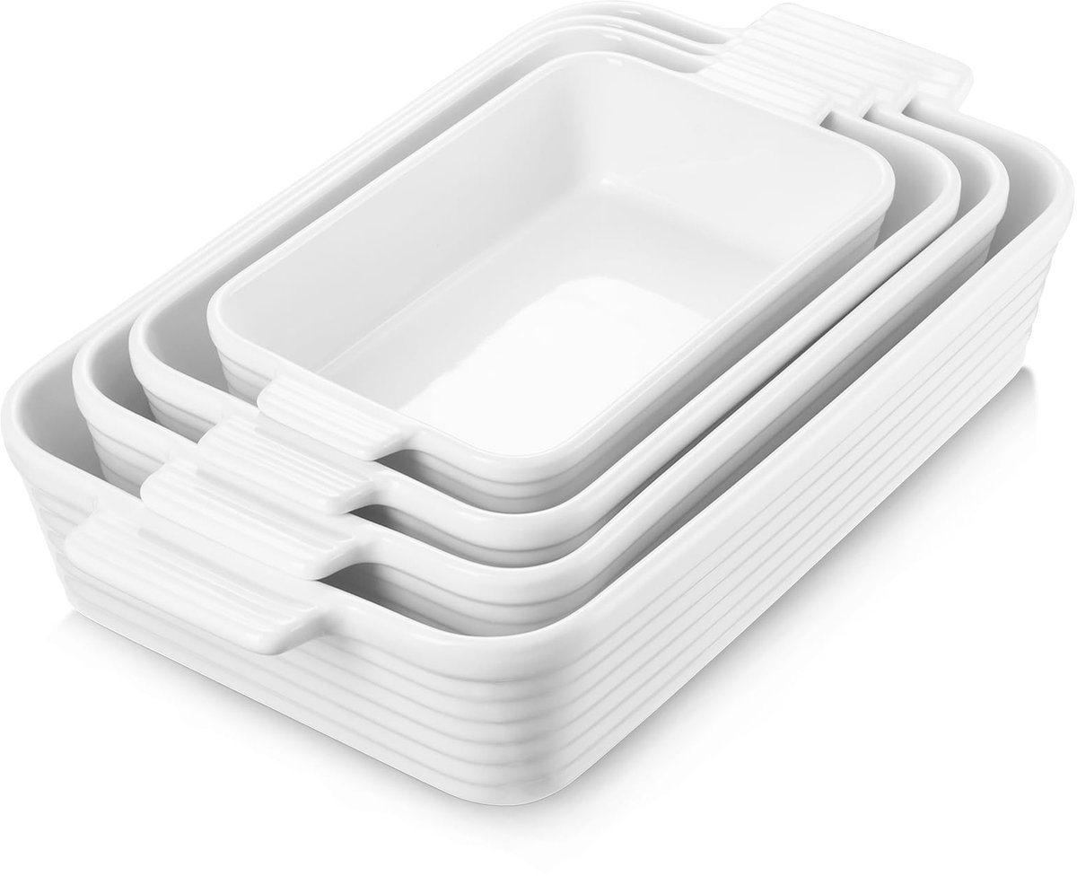 Ovenschaal, set van 4 diepe rechthoekige lasagne pan bakvormen met handgrepen, grote porseleinen ovenbestendige bakvormen voor het koken, brownie-banket