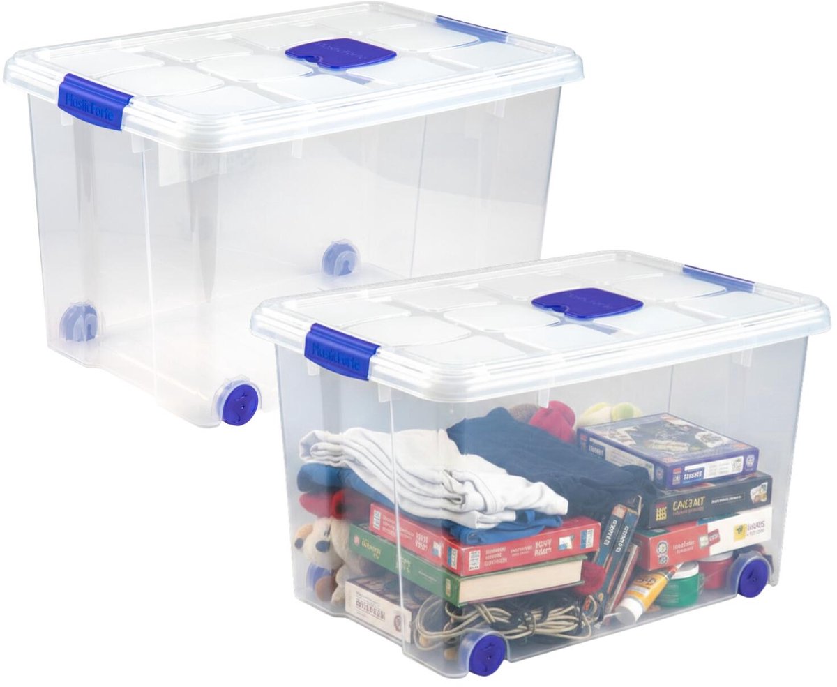 PLASTICFORTE Opslagbox - 2x stuks - met deksel - 55L - 59 x 40 x 35 cm - transparant - opbergbak - met wielen