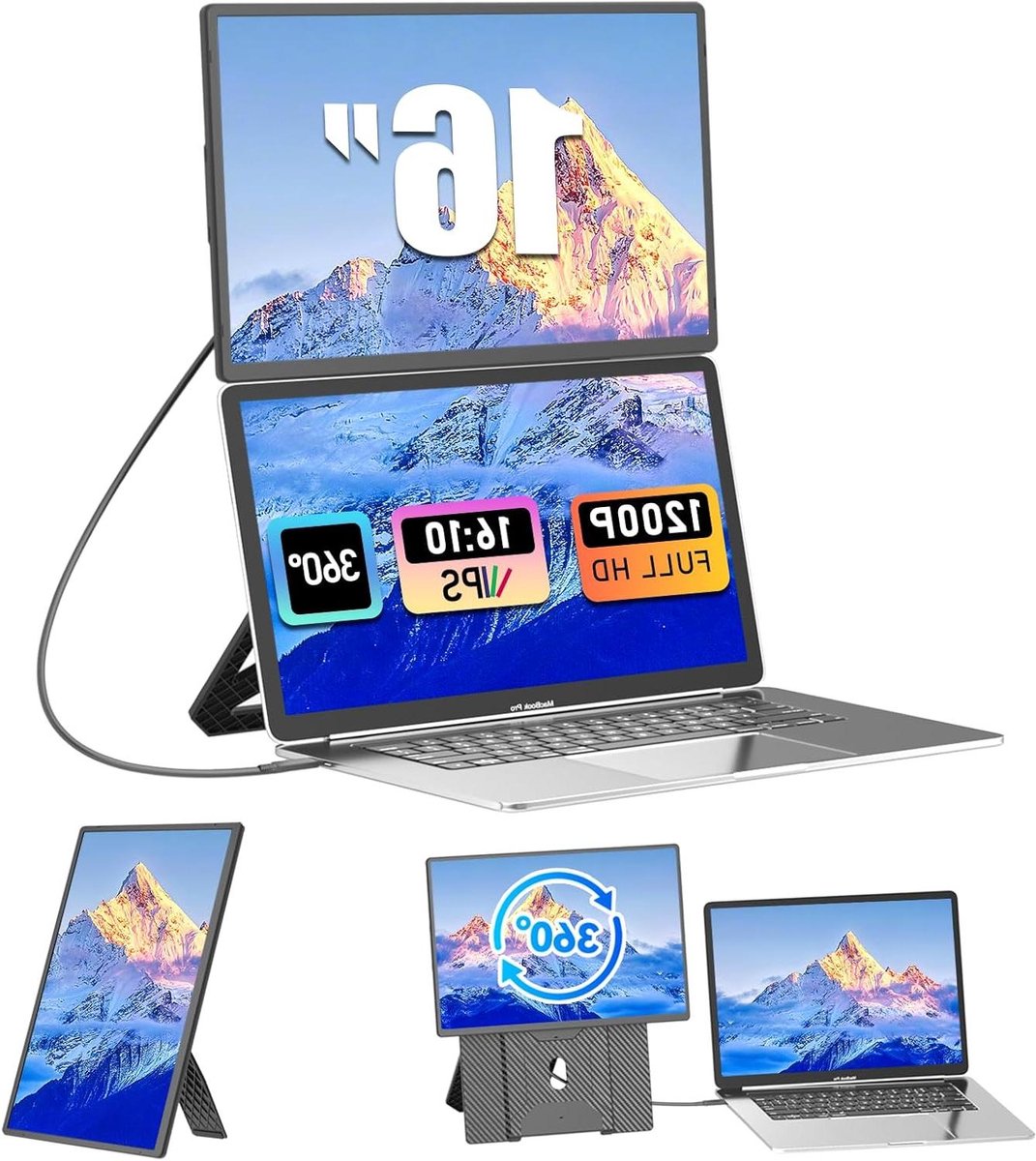 Draagbare Monitor - Extra Scherm - Mobiel Werken - 360 Graden Draaibaar - 16 Inch - Zwart