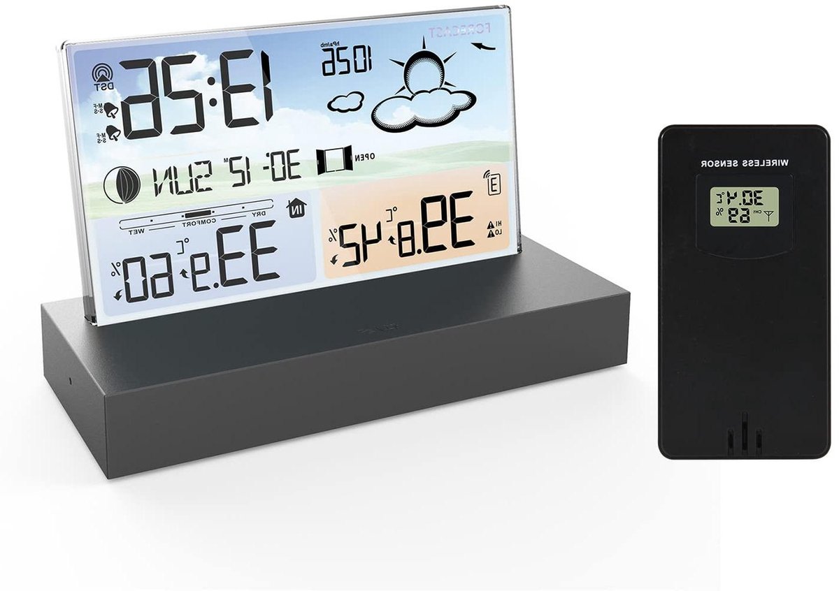 Weerstation met Sensor - Digitale Klok - Thuis Weer Checken - Meerdere Weersvoorspellingen - 15.2 x 9.6 cm - Zwart