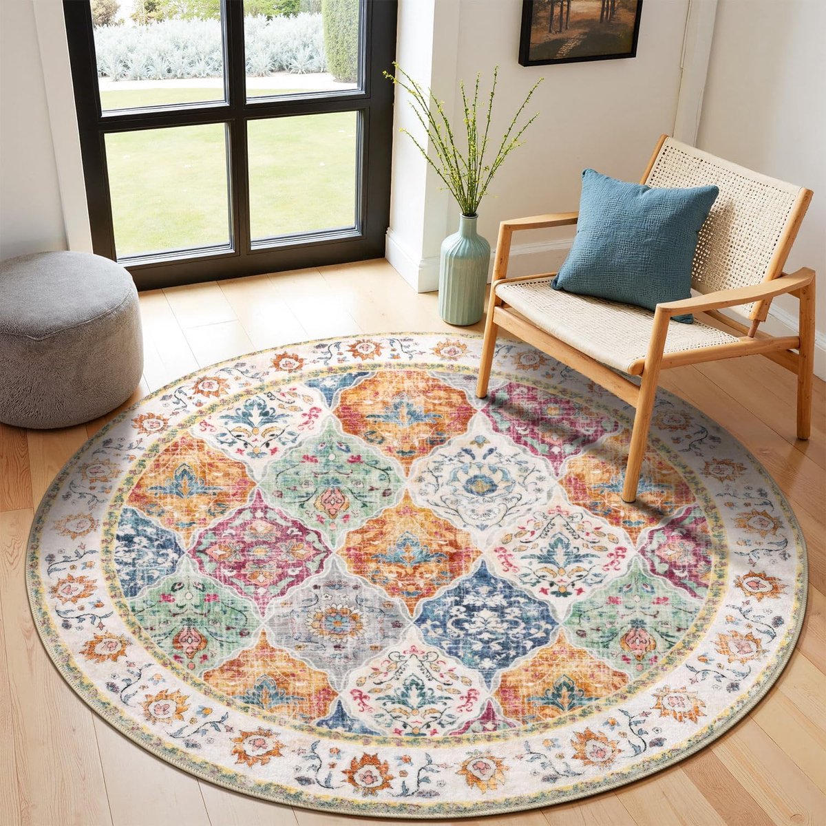 Rond tapijt, 160 cm, wasbaar, zacht pluizig tapijt, cirkel antislip vintage ronde tapijten voor woonkamer, slaapkamer, eetkamer, kleurrijk