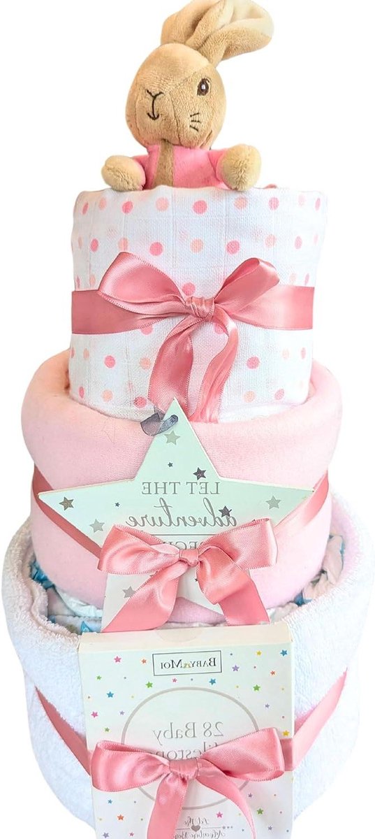 Luiertaart Babymeisje - Kraamcadeau Set - Geboorte Vieren - Met Pluche & Boekje - 3 Lagen - Roze