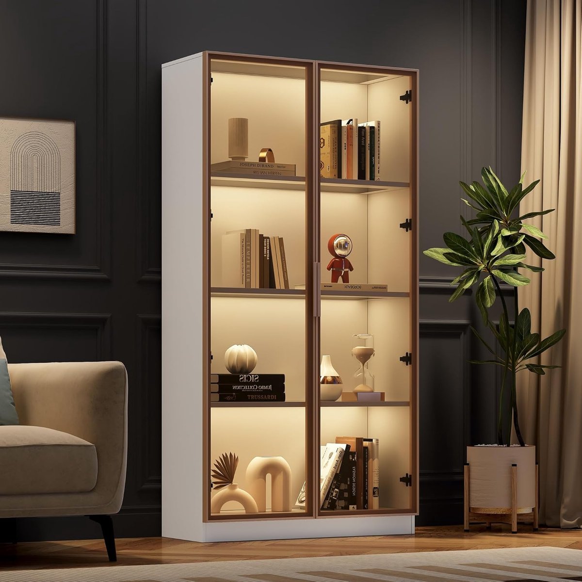 Glazen vitrinekast - Hoge kast - Verzamelobjecten tonen - 16 kleuren ledverlichting - 80 x 40 x 160 cm - Wit