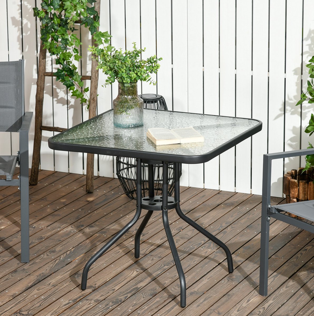 MEUNIQ tuintafel 76 x 76 cm vierkant met parasolgat, gehard glazen tafelblad en metalen frame, balkontafel voor tuin, terras en balkon zwart