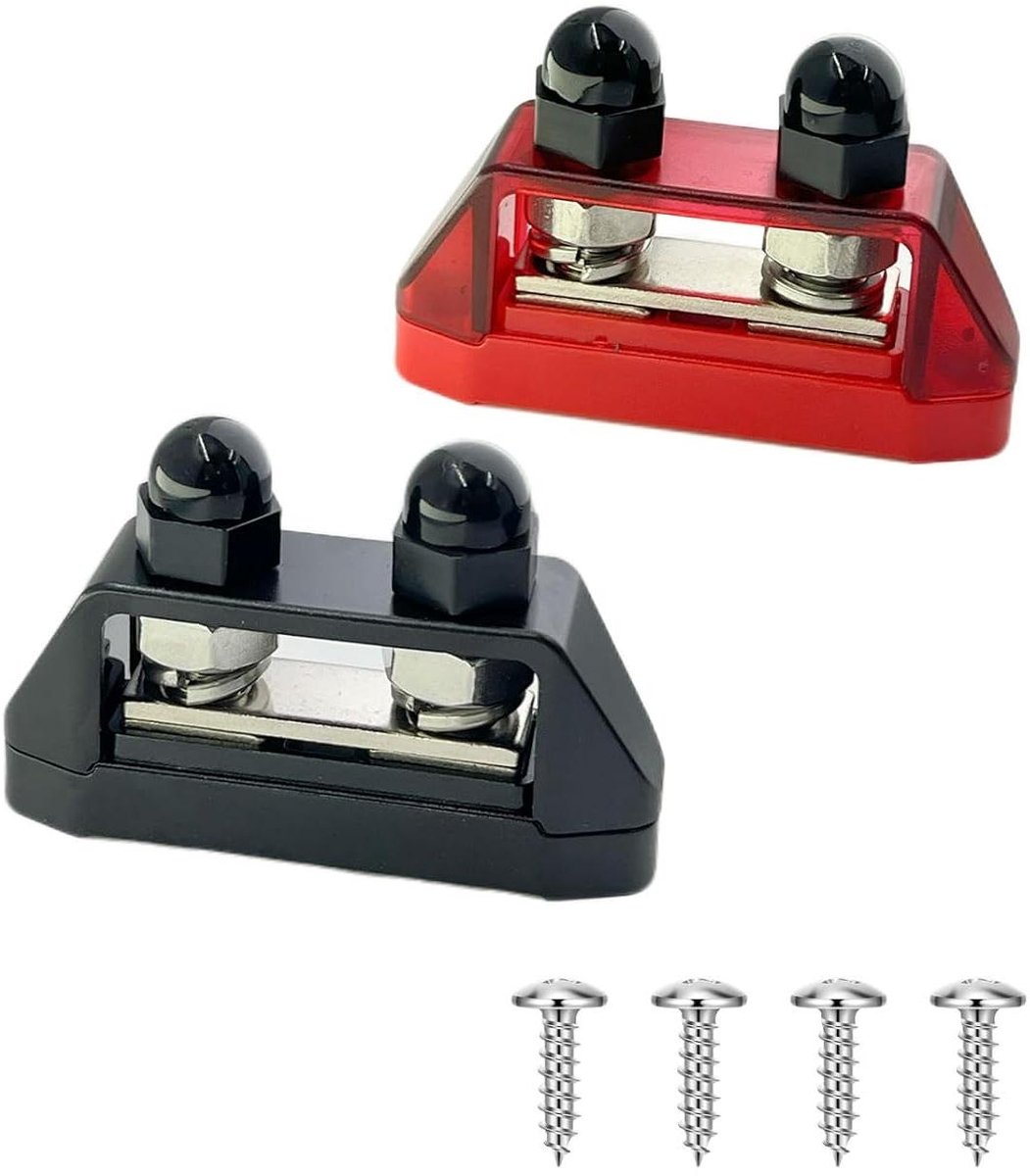 Batterij Aansluitklemmen - Verdeelblok Busbar - Stroom Verdelen - Dubbele Stud Bevestiging - 2x M10 Bouten - Rood Zwart