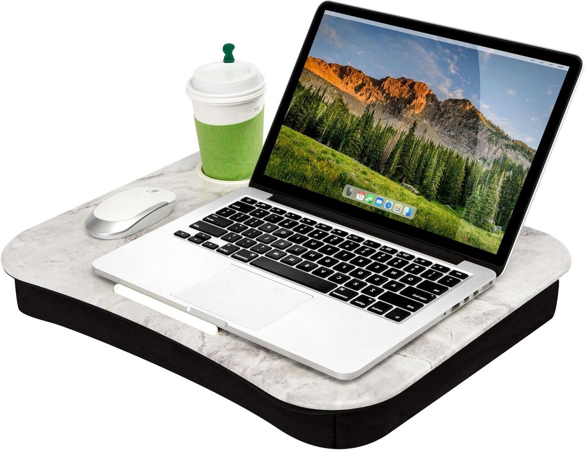 Laptop Bureau met Bekerhouder - Bureau Kussen - Comfortabel Werken - Geïntegreerd Bekerhouder - 18.5 x 37.5 cm - Wit Marmer