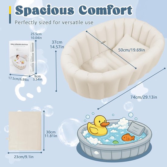 Opblaasbaar Babybadje - Draagbaar Reisbad Pasgeborenen - Baby Veilig Baden - Ergonomische Rugsteun - 74 x 50 x 37 cm — afbeelding 5