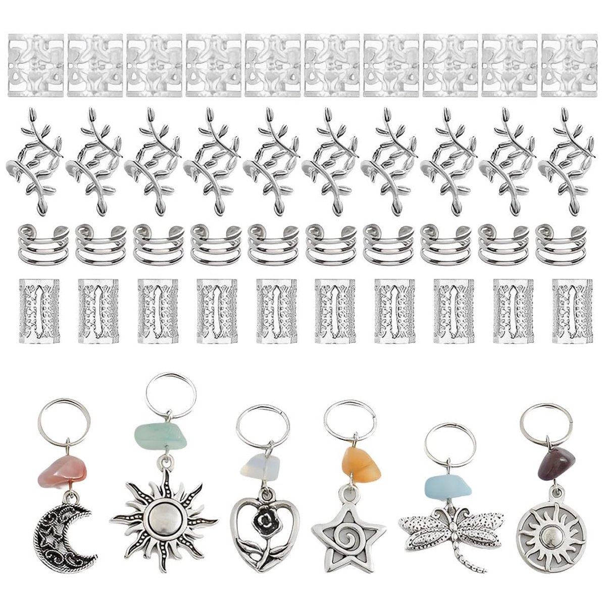 46 stuks haarspiralen voor vuile vlecht – accessoireset voor dreadlocks, accessoires voor dames, vlechtdecoratie, voor mannen en vrouwen, boho met hanger (zilver)