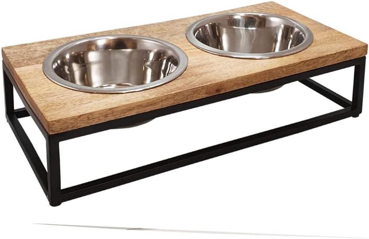 Voerstandaard Huisdier - Honden Voerbak - Comfortabel Eten - Twee RVS Bakjes - 48x22x16 cm - Natuurlijk