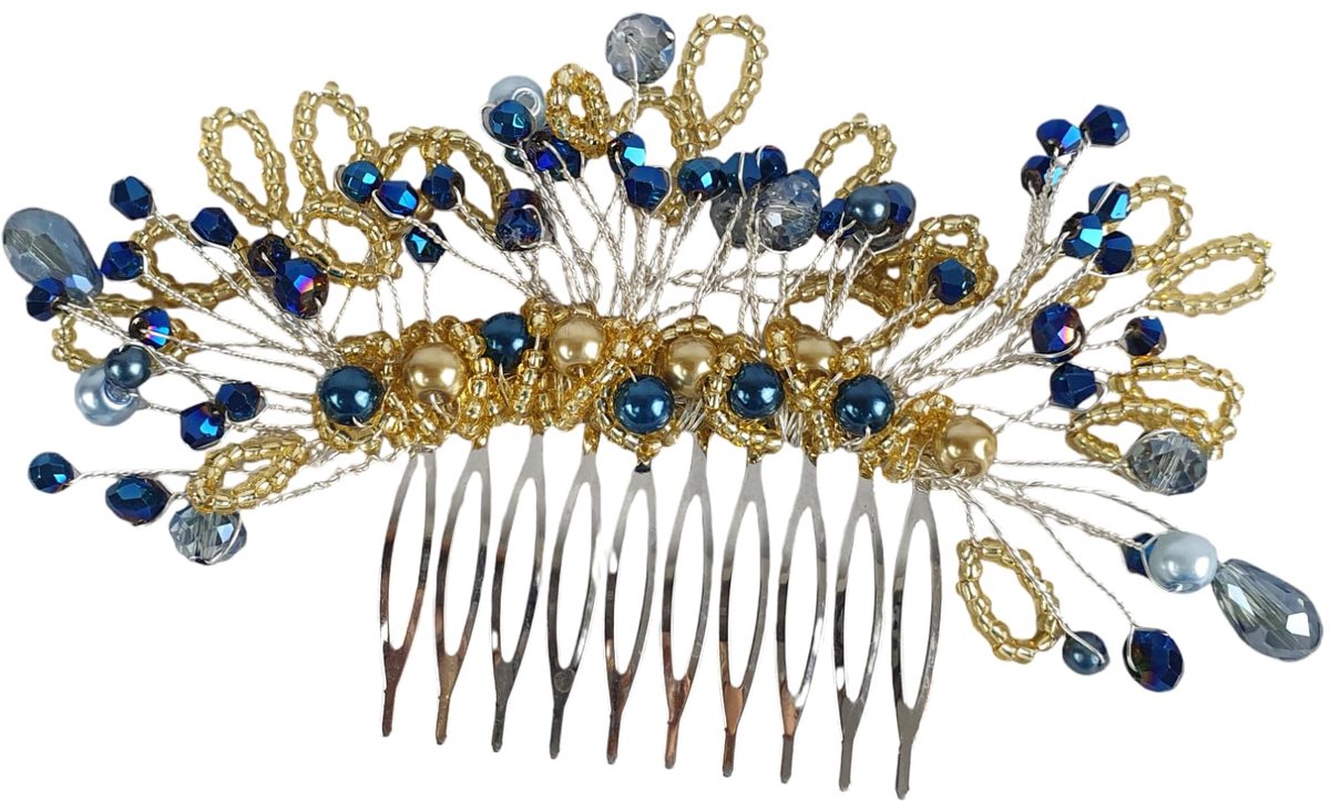 bruidskam met blauwe parels en druppelstenen - elegant haaraccessoire voor bruiloften en feesten, zilverkleurige metalen kam