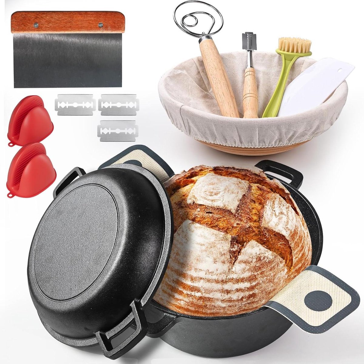 Gietijzeren Broodoven - Nederlandse Oven Broodpan - Brood Bakken - Met Banneton Mand - 5 Quarts - Zwart