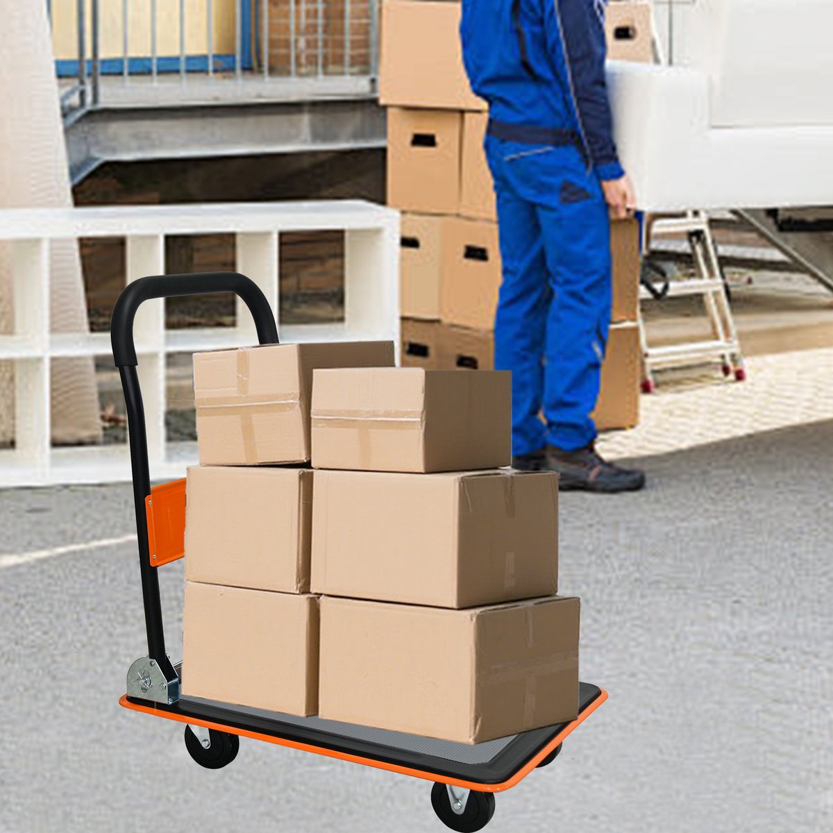 COVREO Platformwagen 74x48x12.5 cm oranje staal, vouwbaar met 360 graden wielen