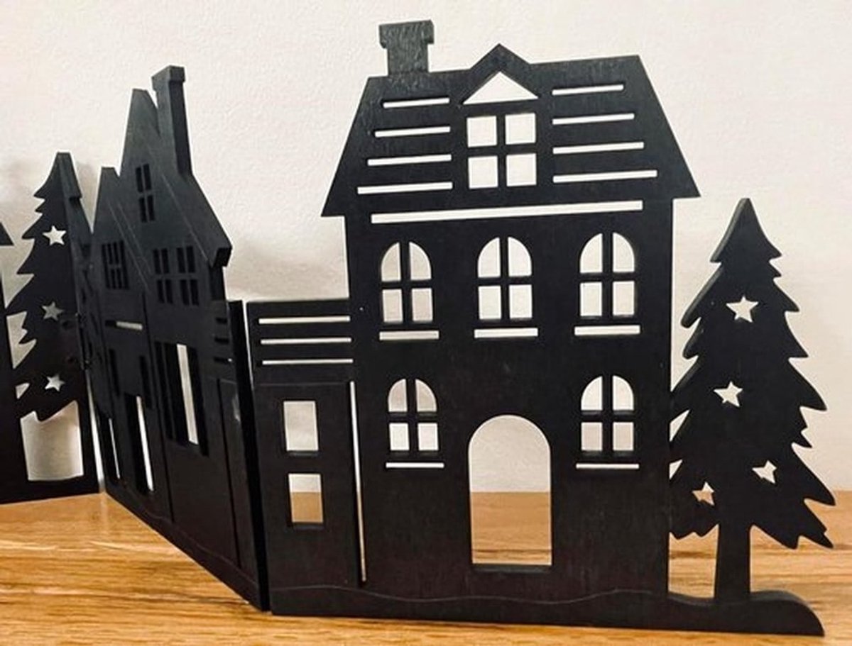 Kerst tafeldecoratie en raamdecoratie - om neer te zetten - 60 x 16 cm - inklapbaar - zwart hout raamdecoratie vensterbank