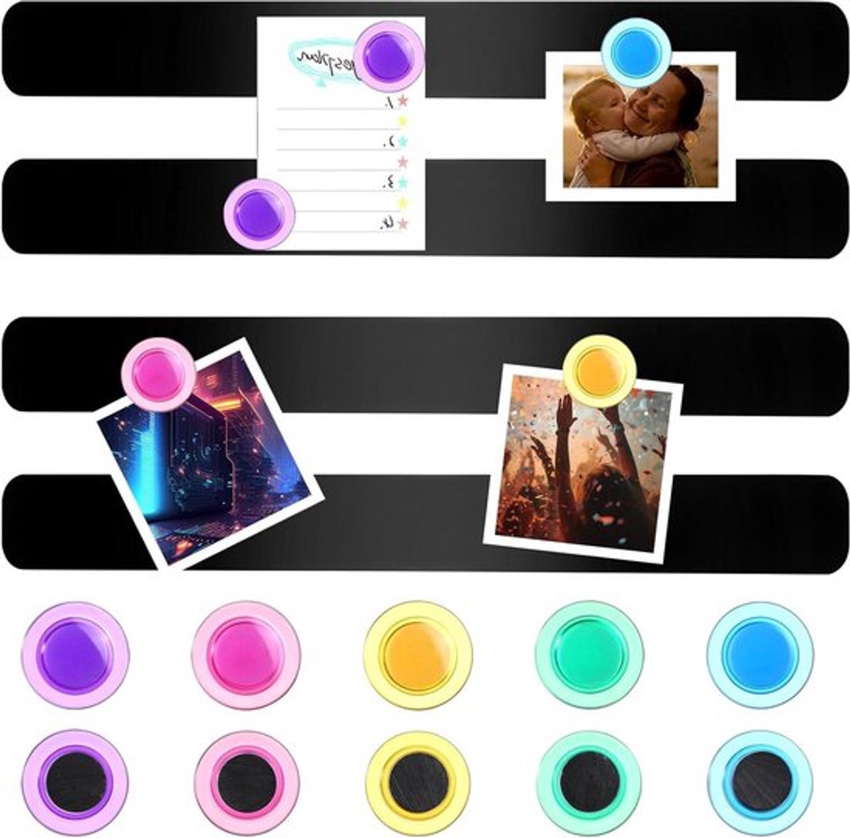 Zelfklevend Magneetbord Memobord Zwart 26 x 300 mm - Sterke Magneetstrips - Voor Whiteboard - 4 Stuks - Inclusief 10 Magneten