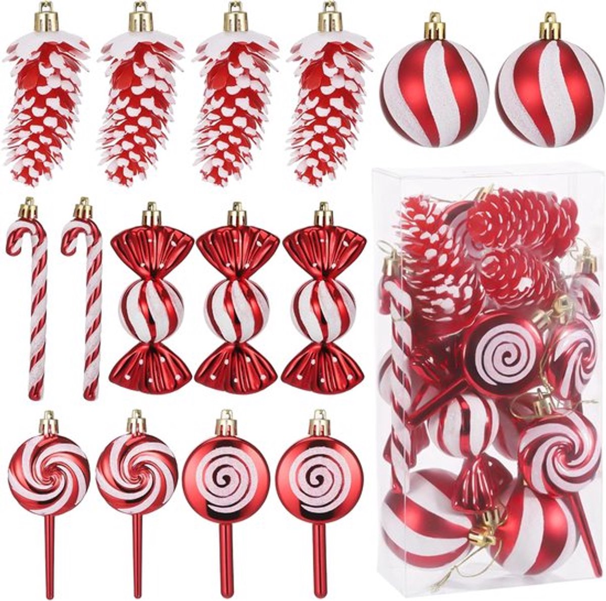 15 Pcs Kerstboomdecoraties - Glitter - Snoep - Dennenappels - Stokjes - Lollipops - Ballen - Hangende Ornamenten met Touw - Kerstversieringen voor Thuisdecoratie - Rood & Wit