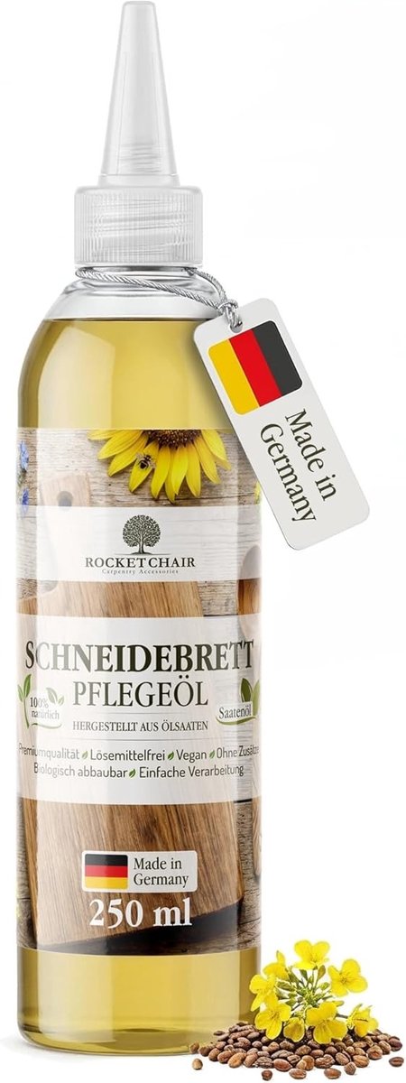 Rocketchair Snijplank verzorgingsolie 250 ml Made in Germany - Gemaakt van oliezaden - Premium kwaliteit, oplosmiddelvrij, veganistisch, zonder toevoegingen, biologisch afbreekbaar, eenvoudige