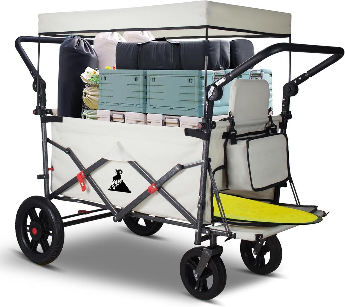 Bolderkar Inklapbaar - Handwagen Campingwagen - Uitstapjes Vervoeren - Met Zitplaatsen Remmen - 120 L Opbergruimte - Beige