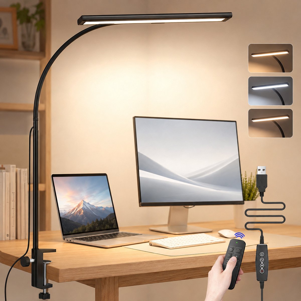 MUPOO Bureaulamp LED Dimbaar met Klem - Leeslamp met Afstandsbediening & 70 cm 360° Flexibele Zwanenhals - 3 Lichtkleuren & 5 Helderheidsstanden - 1U Timer - Werklamp voor Tekenen, Naaien en Bureau - USB Voeding