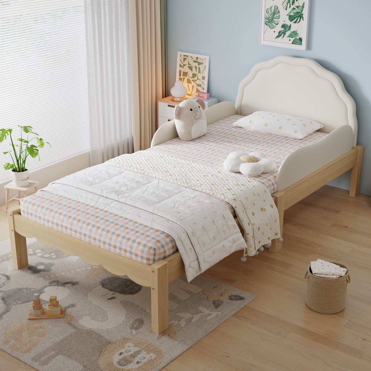 Wishdor Kinderbed 90x200 cm - Gestoffeerd bed met uitvalbeveiliging - PU hoofdbord - lattenbodem - houten frame - beige