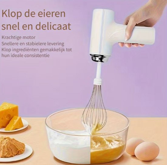 Draadloze Handmixer - USB Oplaadbare Elektrische Mixer - Inclusief 2 Gardes - Lichtgewicht Mini Mixer voor Bakken, Beslag, Taart & Slagroom - Wit — afbeelding 3