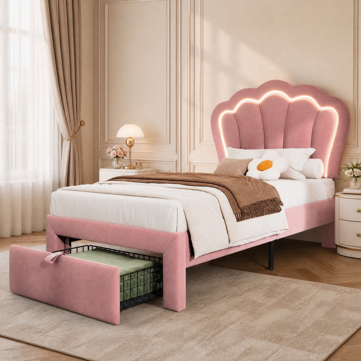 COVREO Eenpersoonsbed 90x200 cm roze stof, met LED en opberglade